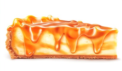 Poster - Irresistibly creamy cheesecake slice drizzled with rich caramel on a bright background : Generative AI