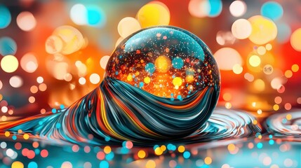 Poster - Colorful Abstract Sphere with Bright Bokeh and Flowing Lines