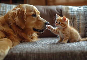 Poster - Endearing kitten touches the nose of a golden retriever in a warm living room setting : Generative AI