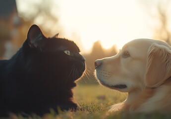 Poster - Gentle cat and golden retriever sharing a tender moment at sunset in a serene outdoor setting : Generative AI