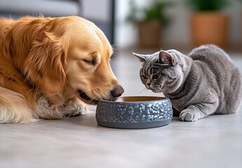 Poster - Playful dog and cat examining a food bowl while showcasing their curious nature and bond : Generative AI