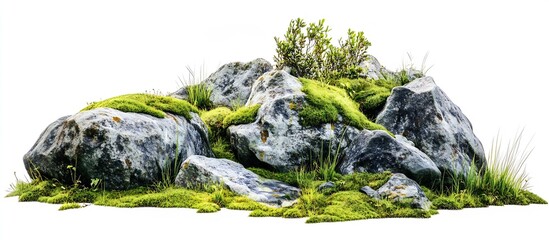 Poster - Large moss covered stones intertwined with small greenery creating a serene outdoor setting : Generative AI