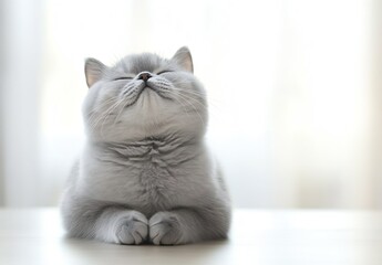 Aufkleber - Calm fluffy grey cat resting with its eyes closed and head slightly lifted in a serene indoor environment : Generative AI