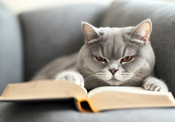 Aufkleber - Serious looking cat focused on an open book while resting on a comfortable couch : Generative AI