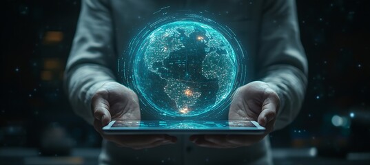 Fototapete - Innovative Technology Embracing the World Visualization with Hands Holding a Tablet Displaying Digital Globe : Generative AI