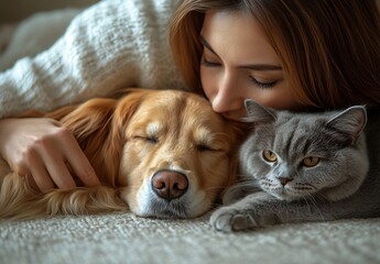 Poster - Woman snuggling with her beloved dog and cat in a tranquil atmosphere radiating love and warmth : Generative AI