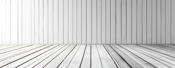 Fototapete - Minimalistic wooden floor and wall interior with white vertical planks providing a clean aesthetic : Generative AI