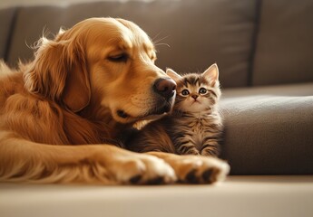 Poster - Adorable golden retriever snuggles with tiny kitten in cozy home setting : Generative AI