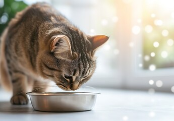 Poster - Curious tabby cat sniffing its food bowl in a bright and airy kitchen filled with natural light : Generative AI