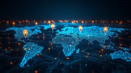 Fototapete - Digital World Map with Glowing Markers Signifying Location and Data Connectivity in Modern Design : Generative AI