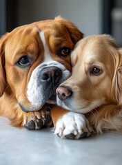 Poster - Two adorable dogs snuggled together in a cozy indoor setting showcasing their bond and warmth : Generative AI