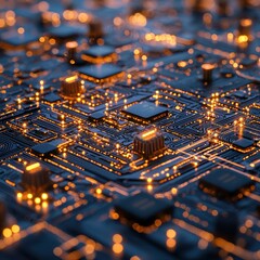 Fototapete - Abstract Close-Up of Circuit Board with Glowing Copper Pattern