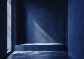 Poster - Abstract Dark Blue Interior Space with Soft Shadows Illuminating the Walls and Floor in Minimalist and Modern Design Aesthetic for Artistic Projects