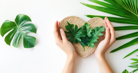 Aufkleber - Hands gently holding a heartshaped basket filled with green leaves symbolizing love for nature and sustainability : Generative AI