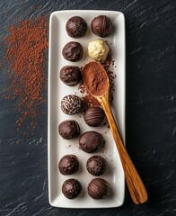 Aufkleber - Decadent chocolate truffles arranged beautifully on a stylish platter with cocoa dust and spoon : Generative AI