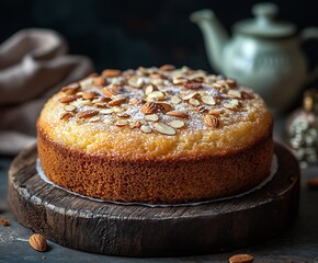 Poster - Delicious Almond Cake Decorated with Sliced Almonds and Powdered Sugar for Elegant Desserts : Generative AI