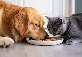 Poster - Heartwarming moment of a golden retriever and a gray cat sharing tasty treats from a dish : Generative AI