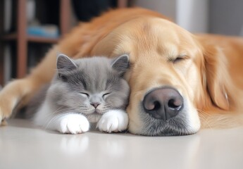Poster - Charming scene of a cat and dog peacefully sleeping next to each other radiating friendship and comfort : Generative AI