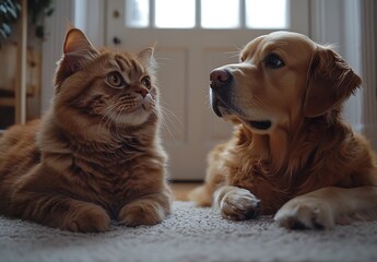 Poster - Playful ginger cat and golden retriever dog sharing a moment of connection in a bright indoor setting : Generative AI