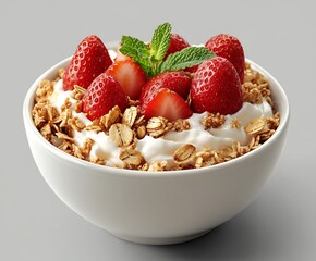 Aufkleber - Nutritious bowl of yogurt topped with strawberries and mint leaves presented on a gray background : Generative AI
