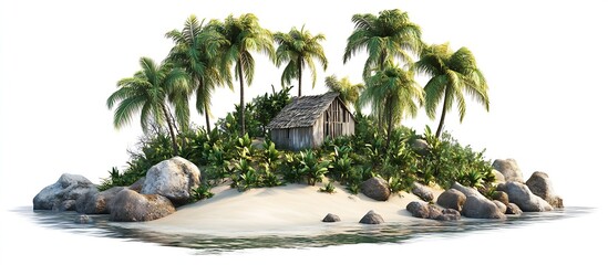 Aufkleber - A tropical island paradise featuring a rustic wooden hut surrounded by palm trees and rocks : Generative AI