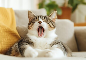 Poster - Sleepy tabby cat yawning widely while lounging on a comfortable couch with a cheerful demeanor : Generative AI