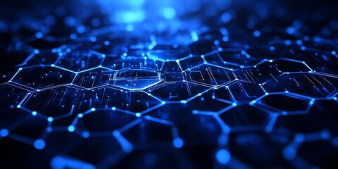 Fototapete - Hightech digital landscape with glowing blue hexagons and connections showcasing a futuristic ambience : Generative AI