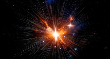 Poster - Abstract background showing a bright burst of light with radiating lines, resembling cosmic energy and a vibrant nebula in deep space.
