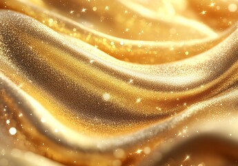 Poster - Shimmering golden fabric waves with sparkling lights creating a luxurious texture and ambiance : Generative AI