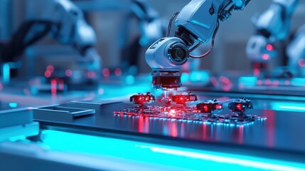 Fototapete - Robotic Arm Assembling Microchips in a Futuristic Factory Setting