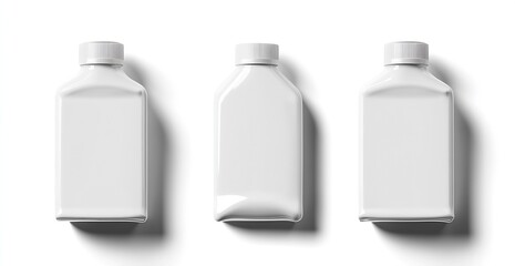 Poster - Three white plastic bottles with caps for commercial product display or packaging concept on a clean surface : Generative AI