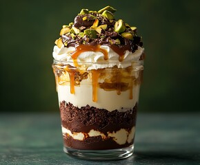 Aufkleber - Layered chocolate and caramel dessert topped with pistachios for a perfect treat : Generative AI