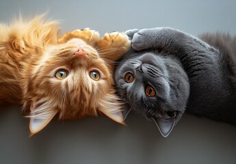 Poster - Playful golden retriever and adorable grey cat lying together with their paws intertwined showcasing harmony : Generative AI