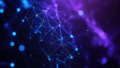 Fototapete - Abstract Digital Background with Glowing Blue Lines and Dots in a Dark Purple Environment Representing Connection and Technology