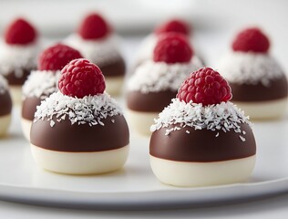 Aufkleber - Delicious chocolate dessert topped with fresh raspberries and coconut flakes on a white plate : Generative AI