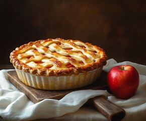 Poster - Delicious homemade apple pie with a golden brown crust served on a rustic wooden table : Generative AI