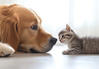 Poster - Tender Moment of Kitten and Golden Retriever Face to Face in Soft Natural Light : Generative AI