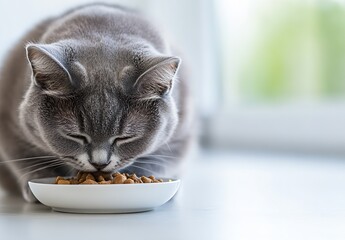 Poster - Gentle gray cat peacefully eating dry kibble from white bowl in cozy indoor setting : Generative AI