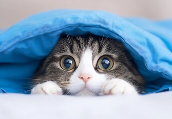 Poster - Curious cat peeking out from under a blue blanket with bright eyes and a playful demeanor : Generative AI