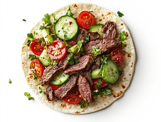 Poster - Delicious wrapped steak with fresh vegetables on a tortilla perfect for lunch or dinner : Generative AI