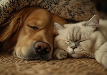 Poster - Charming Golden Retriever and Fluffy Cat Nestled Together Under Warm Blankets : Generative AI