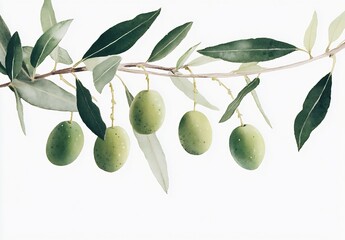 Poster - Artistic Representation of Green Olives Hanging from a Branch Surrounded by Lush Olive Leaves : Generative AI
