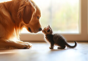 Poster - Playful Interaction Between Adorable Kitten and Loving Golden Retriever in Cozy Indoor Setting : Generative AI