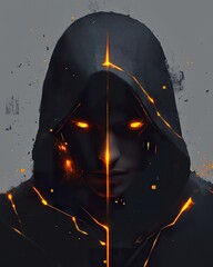 Poster - A hooded figure with glowing eyes and a somber expression