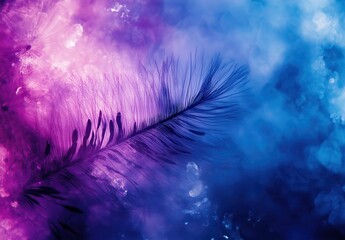Poster - Abstract feather silhouette with vibrant purple and blue background, showcasing intricate details and soft textures for artistic designs and creative projects