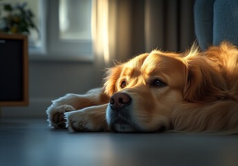 Aufkleber - Golden Retriever Resting Serene in Sunlight Streaming Through Modern Interior Space : Generative AI