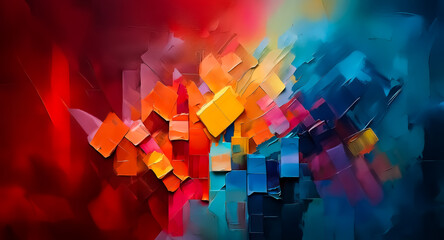 Poster - Vibrant abstract background with dynamic brushstrokes and geometric blocks in red, orange, yellow and blue. Textured, modern artistic feel.