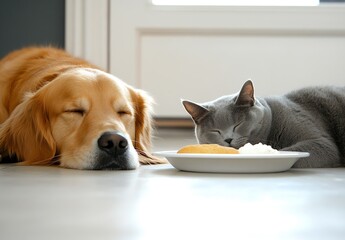 Poster - Golden retriever dog and grey British shorthair cat peacefully sleeping after enjoying a meal together at home : Generative AI