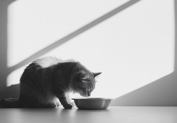 Aufkleber - Sleek tabby cat drinking water from its bowl as morning sunlight casts soft shadows on the floor : Generative AI