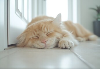 Poster - Fluffy orange cat dozing off comfortably on a cool tiled floor in a bright room : Generative AI